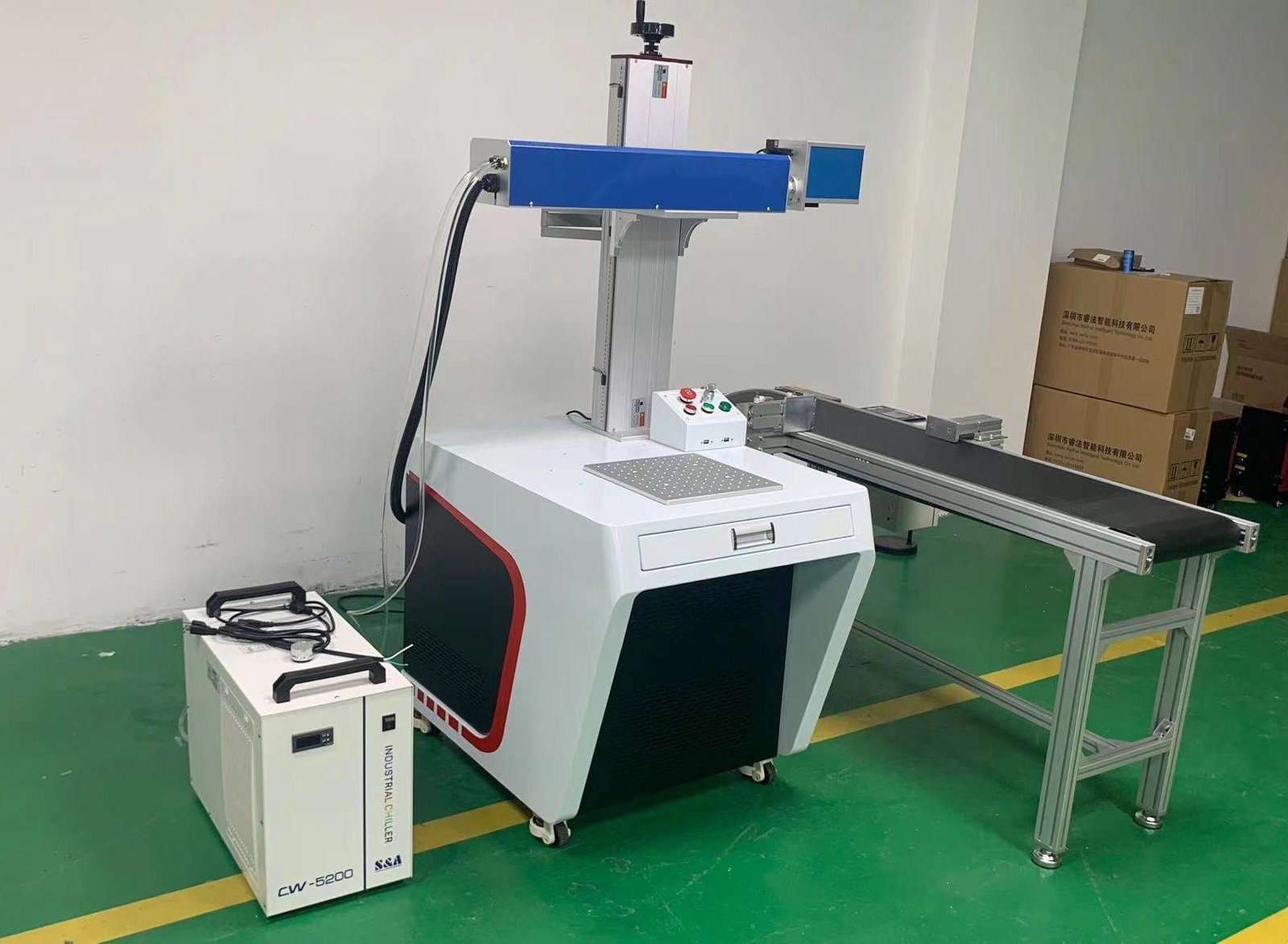 High Speed RF60W Co2 Laser Marking Machine with Conveyor Belt